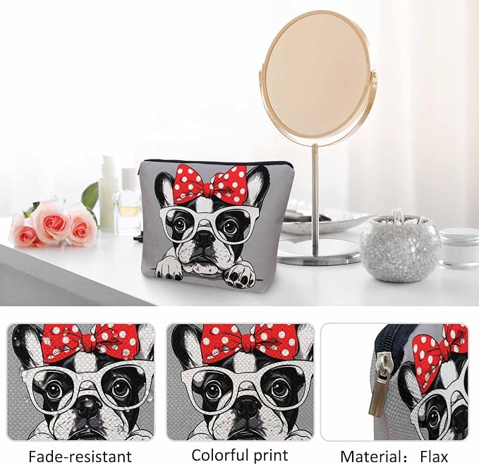 Makeup Bag French Bulldog Makeup Bags For Purse Pouch, Cute Puppy Bulldog Glasses Travel Toiletry Bag Cosmetic Bag Makeup Bags Flax Makeup Organizer Bag Pencil Pouch For Man Woman, Gray
