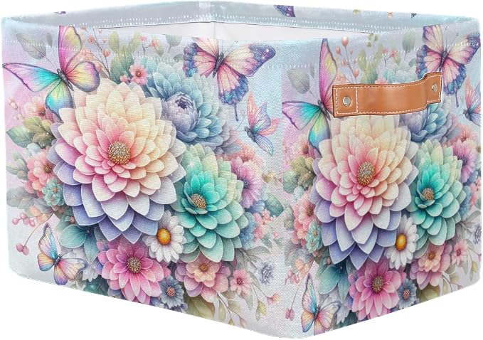 Pardick Basket Storage Bins Rainbow Flower Floral Rectangle Cube Basket Box Kids Girls Boys Toys Organizer Beaket Decor Foldable with Handle for Living Room Bedroom Closet Nursery Office Shelf Gifts