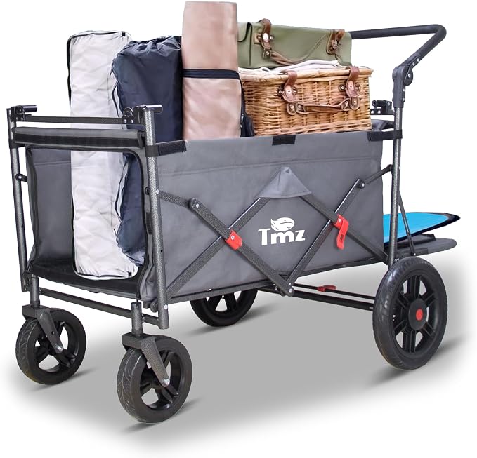 TMZ Collapsible Wagon Cart, Folding Utility Wagon with Breathable Fabric, Canopy, Expandable Storage, Adjustable Handle, Brake, Heavy Duty Cart for Walking & Camping (Grey)
