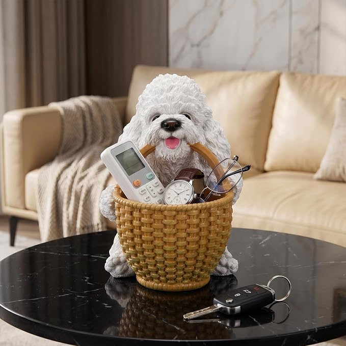 White Poodle Candy Bowl, Resin Dog Figurine Key Bowl for Entryway Table, Desktop Storage Basket Organizer for Desk, Unique Dog Lover Gift
