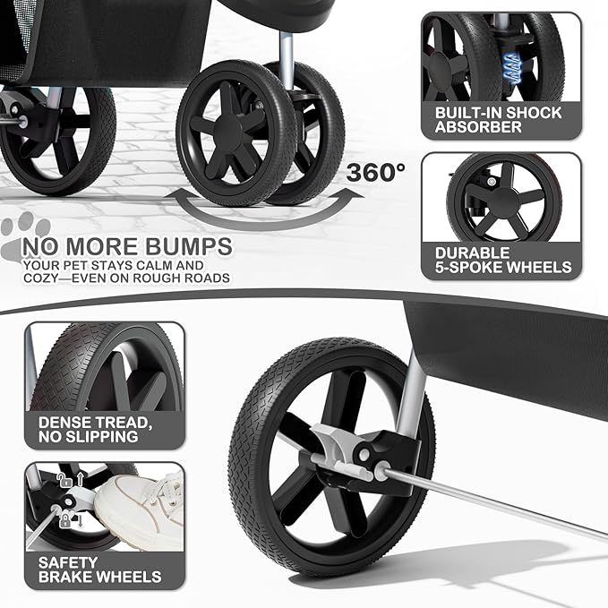 MoNiBloom Pet Stroller for Small/Medium Dogs and Cats up to 33 lbs, Black | Foldable Dog Stroller 3 Wheels Pet Strolling Cart w/ Storage Basket Cup Holder, Breathable and Visible Mesh for All-Season