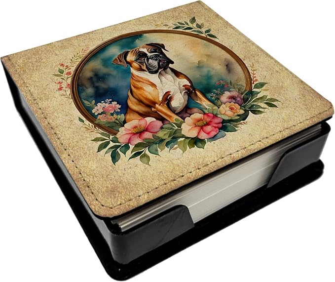 Caroline's Treasures Boxer and Flowers PU Leather Note Paper Holder with Artist-Designed Cover, Desk Accessory, Office Gift