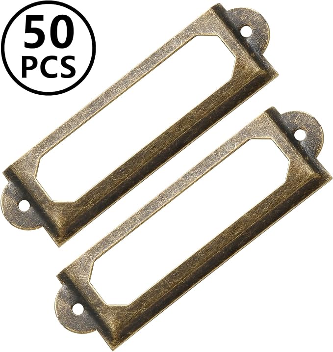 50 PCS Metal Label Holders 60x17mm Antique Bronze with Screws | Iron Bronze-Plated Rust-Proof, 60x17mm Fits 44x10mm Label, Screws Included, For Cabinet Drawer File Box