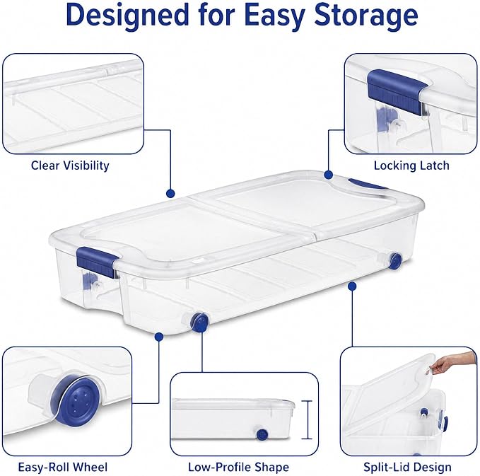 66 Qt Under Bed Storage Container, Wheeled Clear Latching Lid(2-Pack) | High capacity plastic, smooth gliding rollers, space saving clothing linens organizer, dorm wardrobe accessory