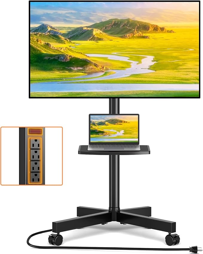 Mobile TV Stand with Power Outlet for 23-65 Inch TVs up to 88 lbs | Tilt Rolling TV Cart with Height Adjustment & Locking Wheels, Portable TV Stand for Bedroom, Office, Max VESA 400x400mm
