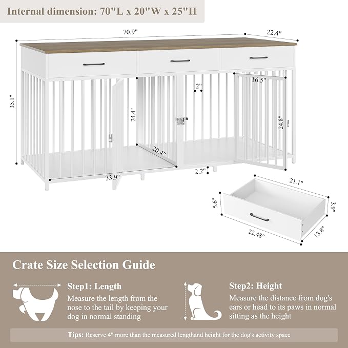 HOSTACK Double Dog Crate, 71"W Indoor Dog Kennel Furniture for 2 Dog, White | 3 Drawers for Easy Storage, Heavy-Duty Cage, Removable Divider, Slide Bolt Latch, Modern Farmhouse Pet House for XL/XXL Dogs