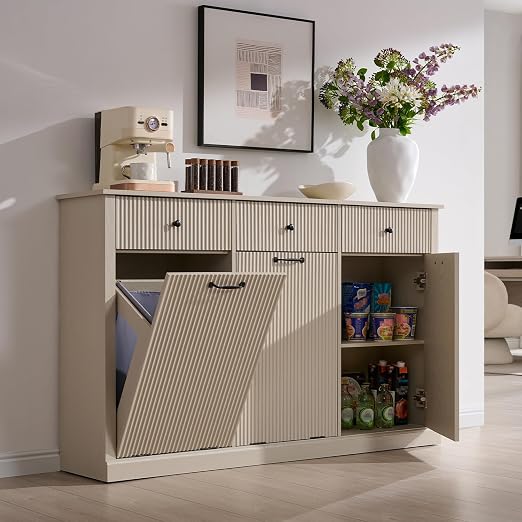 IFGET Triple Tilt Out Trash Can Cabinet, Modern Fluted Laundry Hamper Cabinet with 3 Drawers, 20 Gallon Hidden Wooden Garbage Can Cabinet w/Storage Basket & Adjustable Shelf, for Kitchen, Cream
