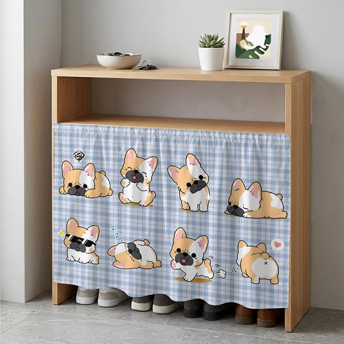 Cute Puppy Cabinet Dishwasher Hidden Curtains, Privacy Closet Door Curtain, Blue Purple Plaid Modern Funny Dogs Pet Adhesive Dust Proof Under Sink Skirt for Bathroom Kitchen 35"x35"