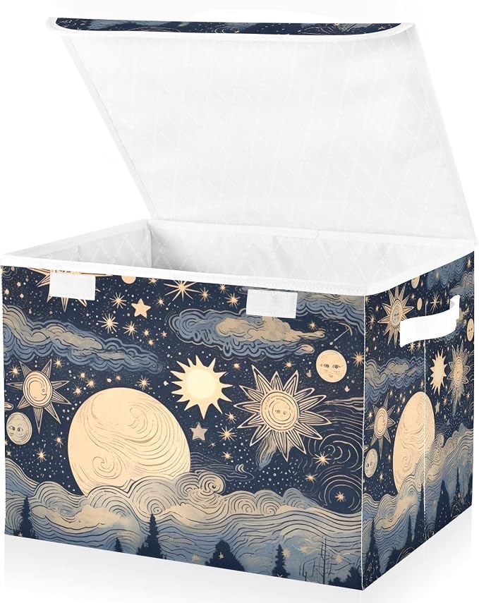 Stars and Moon Storage Bins with Lids and Carrying Handle,Foldable Storage Boxes Organizer Containers Baskets Cube with Cover for Home Bedroom Closet Office