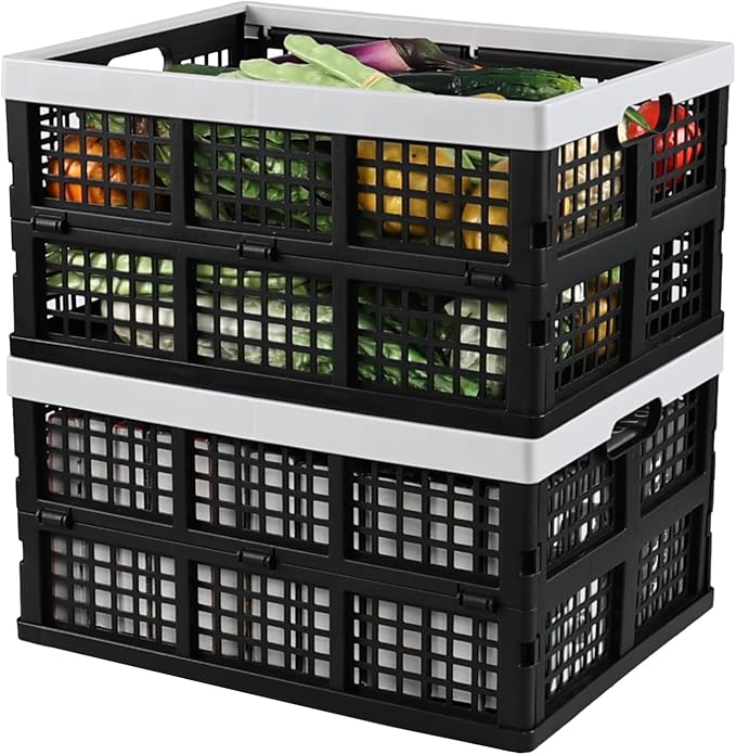 2-Pack 34 L Plastic Collapsible Storage Crates, Stackable Basket Bin | Foldable Milk Crate