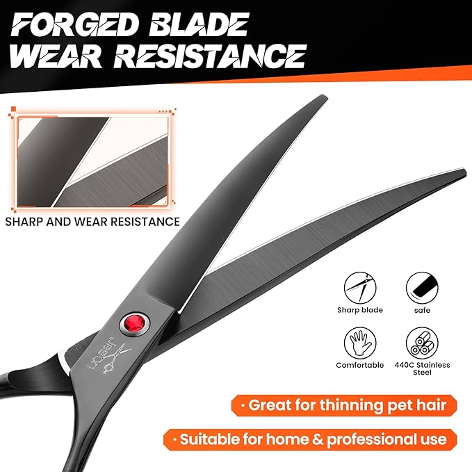 JASON 7" Dog Grooming Scissor - Professional Down-curved Shear with Ergonomic Handle Japanese Stainless Steel Hair Scissor for Dogs, Cats and Other Pets, Sharp (Down-curved, Black) Christmas Gift