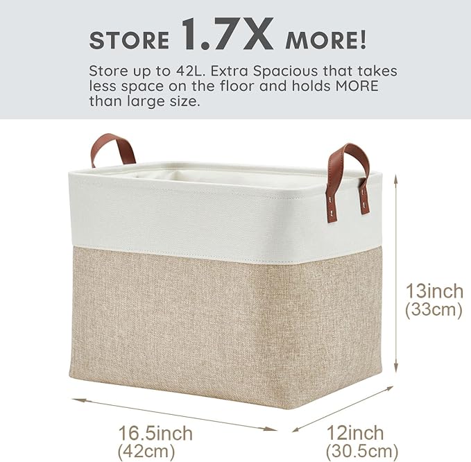 DECOMOMO Fabric Storage Bins, Extra Large Storage Baskets with Handles | 3 Pack Storage Baskets for Shelves, Laundry, Toys, Nursery (Beige & White)