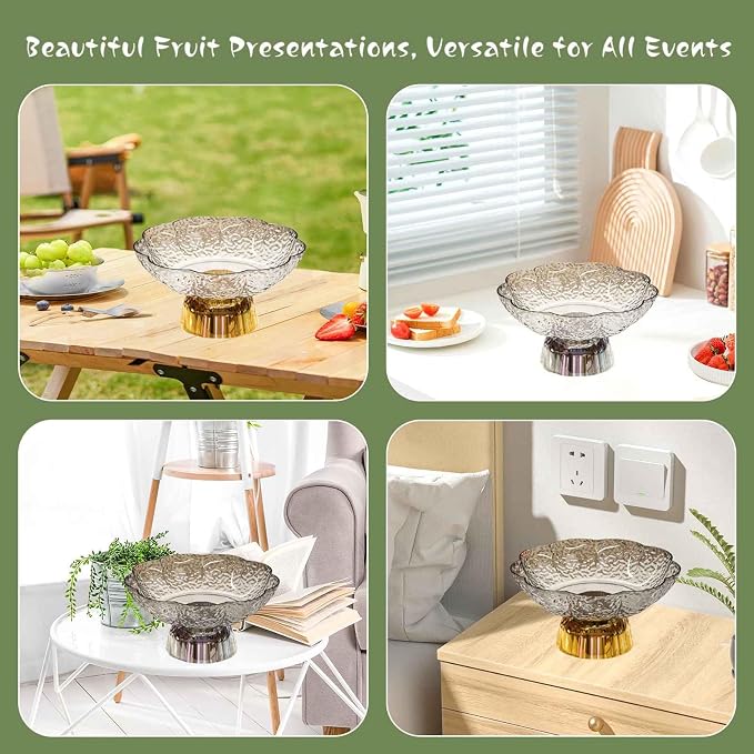 Fruit Bowl Pedestal Bowl Footed Wedding Fruit Stand Multipurpose Storage Organizer for Kitchen Counter Snack Bread Dessert, C Gray and Gold