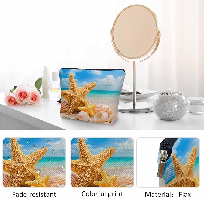 Starfish Seashell Makeup Bag - Turquoise Ocean Cosmetic Bag with Zipper for Beach, Gym, Bathroom