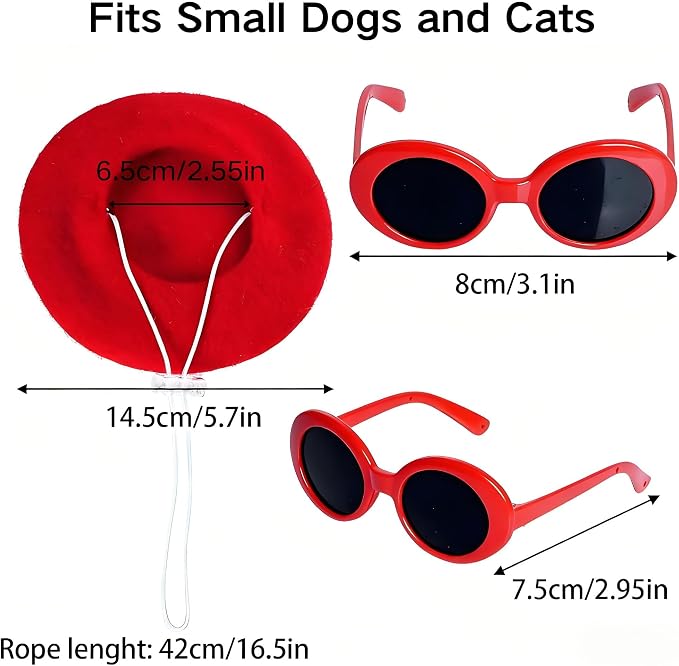 Dog Beret Set Including Dog Beret Satin Scarf Funny Glasses Pet French Artist Beanie for Small Dogs Cats Halloween Christmas Cosplay Party(Red)