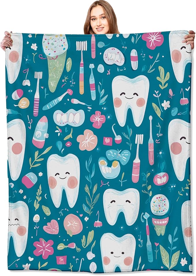 Dental Tooth Fairy Blanket,40x50in,Cute Toothbrushe Floss Teal Throw Blankets,Dental Hygienist Gifts for Kids Adult, Lightweight Soft Fleece Cozy,for Sofa Couch Bed Room Modern Decor