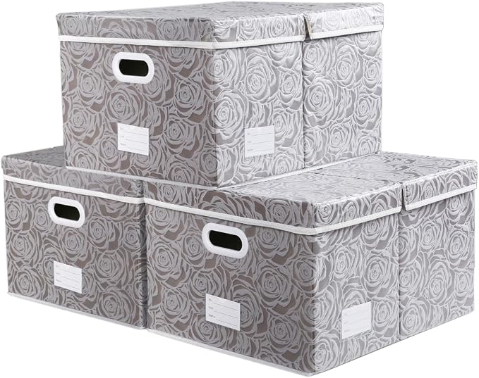 Jumbo Collapsible Storage Boxes with Lids Fabric Decorative Storage Bins Cubes Organizer Baskets with Cover Handles Divider for Bedroom Closet Living Room 23.2x15.7x11.8 Inch 3 Pack