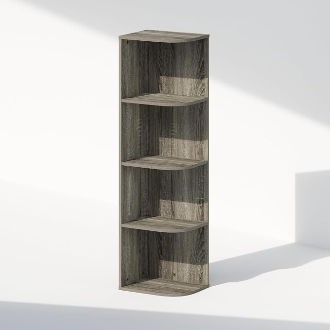 Furinno Reed Corner Shelf, 4-Tier Corner Bookshelf, Book Shelf, Corner Shelves, Storage Rack, for Organization and Storage, Home Office, Living Room, French Oak