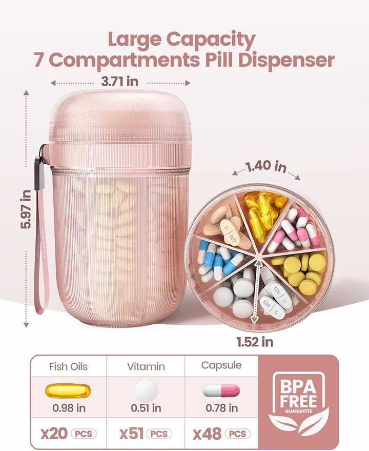 Large Pill Organizer with Desiccant, 7-Compartment Pill Bottle | Light-Proof, Moisture-Proof, Anti-Mixing, Touch-Free Pill Dispenser, Sealed BPA-Free Vitamin Organizer with Handle, Pink