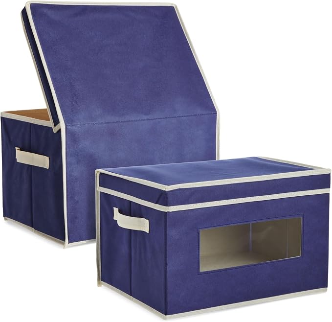 Juvale Fabric Storage Bins with Lids - Under Bed Storage Organizers - Collapsible Cube Organizer with Window - Stackable Closet Bins with Handles - Pack of 3, Navy Blue, 16.25" x 12" x 10"