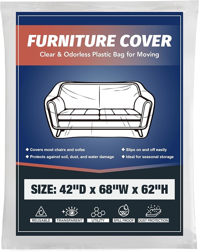 Clear Plastic Moving Loveseat Furniture Storage Covers | Extra Large 68x 62 x 42 Inch Sofa and Couch Bags, Waterproof and Dust Proof, For Renovation, Wrap, With Labels