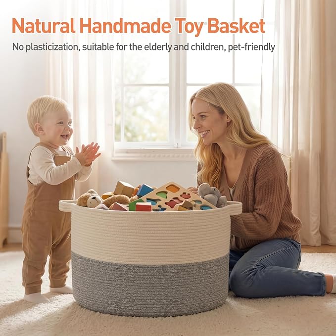 OIAHOMY 90L XXXLarge Blanket Basket for Living Room, 21.7" x 13.8" Woven Cotton Rope Laundry Basket for Organizing Pillows, Decorative Stuffed Animal Toy Storage for Nursery, White and Light Grey