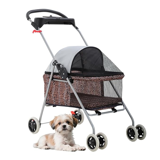 BestPet Foldable Pet Stroller for Small/Medium Dogs and Cats Up to 33 lbs | 4-Wheel Stroller Pet Strolling Cart w/ Breathable Mesh, Lockable Rear Wheels, Cup Holder/Tray & Storage Box, Leopard Skin