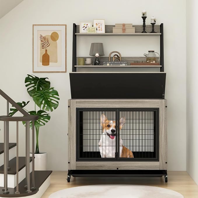PETSITE Portable Dog Crate Furniture with Storage Shelves, 59 Inch Wooden Dog Kennel with Flip-up Top, 3 Lockable Doors and Removable Tray, Ideal for Small to Medium Dogs (Grey)