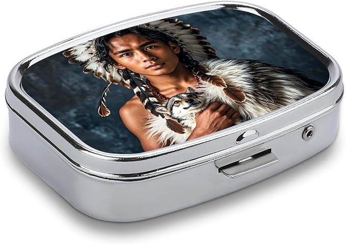 Indigenous People and Wolves Pill Box 2 Compartment Medicine Pill Case Portable Pill Organizer for Pocket Or Purse Decorative Metal Medicine Vitamin Organizer