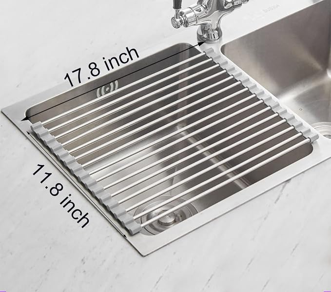 Ahyuan Roll up Dish Drying Rack Over The Sink Kitchen Roll up Sink Drying Rack Portable Dish Drainer Foldable Dish Drying Rack (Warm Gray, 17.8''X11.8'')