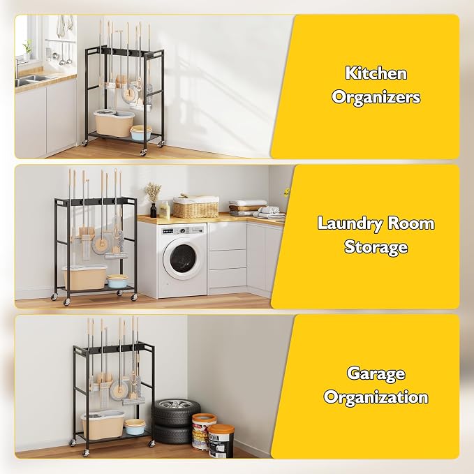 BORISI Broom And Mop Holder, Movable Broom Closet Storage Cabinet, Cleaning Cart with Mop Hanger Gripper Rack, Janitorial Cart, Utility Carts, Laundry Room Organization Home Essentials