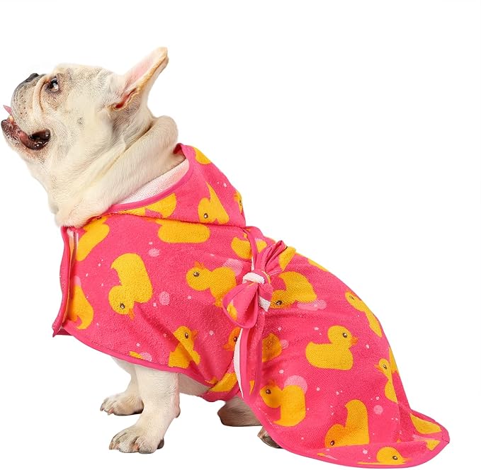 HDE Dog Bathrobe Super Absorbent Quick Drying Puppy Towel Wrap Coat Adjustable After Bath Robes with Hood for Dog Sizes S-XXL Pink Rubber Ducks M