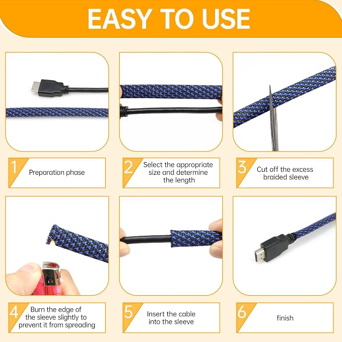Braided Cable Sleeve, 33ft Expandable Wire Loom for Automotive Wiring Harness & PC Case, Pet-Proof Chew Resistant Cord Protector, Flexible Cable Management (Blue-Black, 16mm (5/8"))