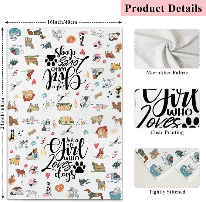 Cute Dog Pattern Kitchen Towels and Dishcloths, Just a Girl Who Loves Dogs Hand Towel Drying Cloth for Bathroom Baking, Dog Lovers Gifts for Friend, Girls, 16x24 Inches -28