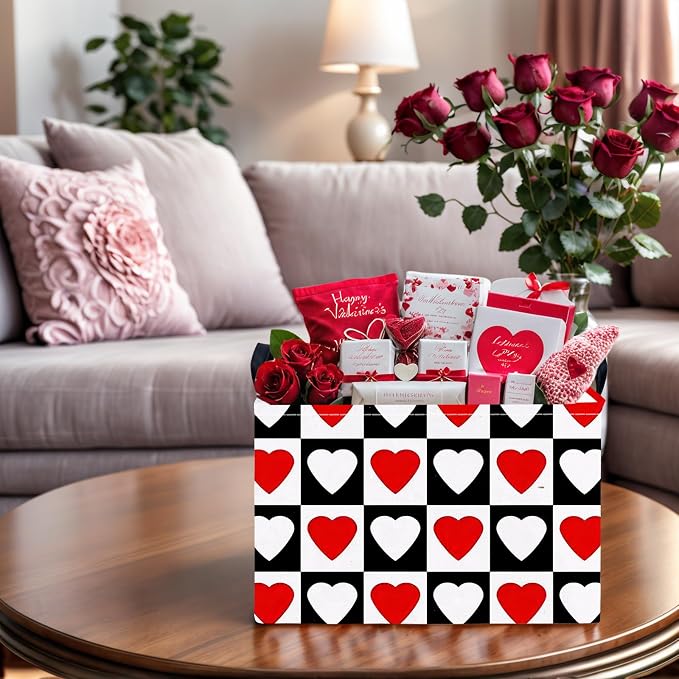 Cute Large Valentine's Day Gift Basket Empty Heart Decor Storage Bin for Kid Baby Room Décor (Checkered Red and White)