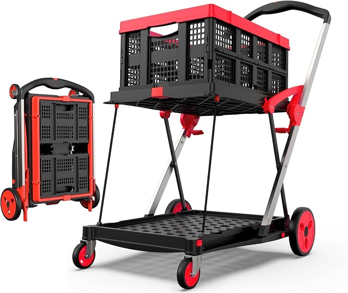 TOLRET Shopping Cart with Wheels, 200 lbs Capacity Grocery Cart on Wheels | Collapsible Shopping Cart with Storage Crate, Platform Hand Truck with Foot Brake, Red