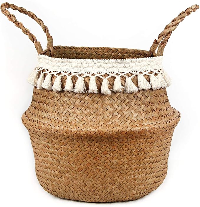 Boho Woven Seagrass Belly Basket for Storage Plant Basket or Toy Basket Living Bathroom (Medium, Beige)