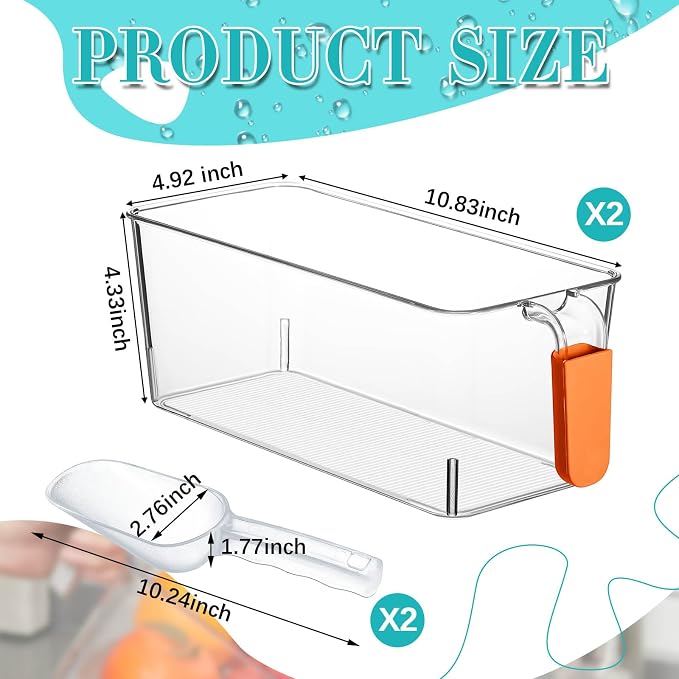 Havawish Ice Storage Bin and Flexible Scoop Set Plastic Freezer Bin | Freezer Ice Bin Scoop, Clear Bucket Container, Pull Handle, Flexible Storage, 10.83 X 4.92 X 4.33 in