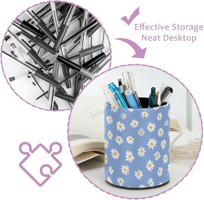 Faux Leather Pen Holder for Desk, Pencil Organizer Purple Daisy Pen Cup Desk Decor Makeup Brush Holder Storage for Office Home