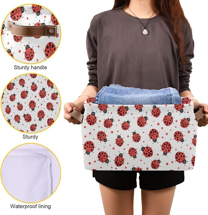 Ladybug Storage Basket Bin, Large Cube Storage Box Canvas Collapsible Storage Organizer for Home Office Closet, 2 Pack - 15 L x 11 W x 9.5 H