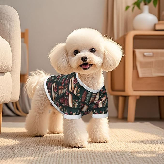 Vintage Floral Bookshelf Dog T Shirt Dogs Cats Cotton Shirts Short Sleeve Clothes Soft Stretchy Pet Costume Doggy Outfit Pullover Jumper Puppy Sweatshirt Medium