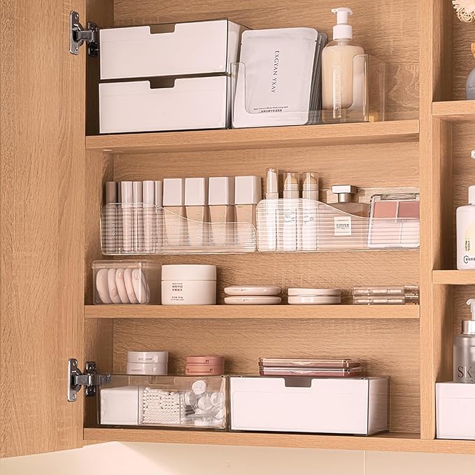 Bathroom Medicine Cabinet Organizer Set, Narrow Compact Makeup Shelves Holder for Lipstick, Cosmetic, 2 Pcs Trays for Cabinet Door Wall, Vanity - Clear