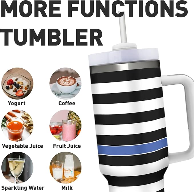 40 OZ USA Line Flag Tumbler with Handle, Thin Blue Double Wall Stainless Steel Travel Coffee Mug with Straw Lid, Insulation and Cooling Cup for Christmas Birthday Present