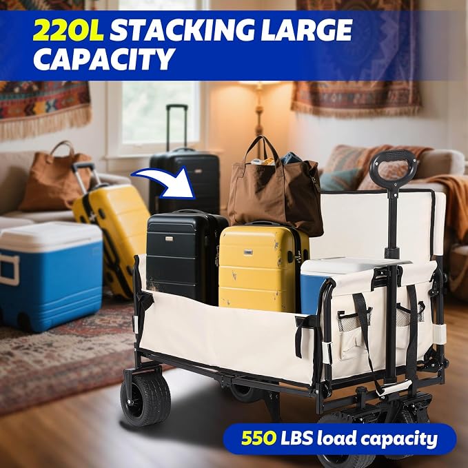 Portable Collapsible Folding Wagon, 550LBS Heavy Duty Utility Carts | Reclining Camper, Expandable Storage, Padded and Wheeled, All Terrain Wheels, Great for Camping, Outdoors, Shopping (White)