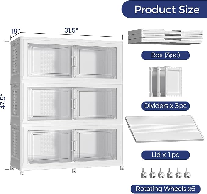 150Gal Stackable Storage Bins with Lid 3-Tier Collapsible Cabinet Closet Organizer Box with Wheels, 600QT Large Plastic Drawer Container with Doors for Clothes Kitchen Organizing, White