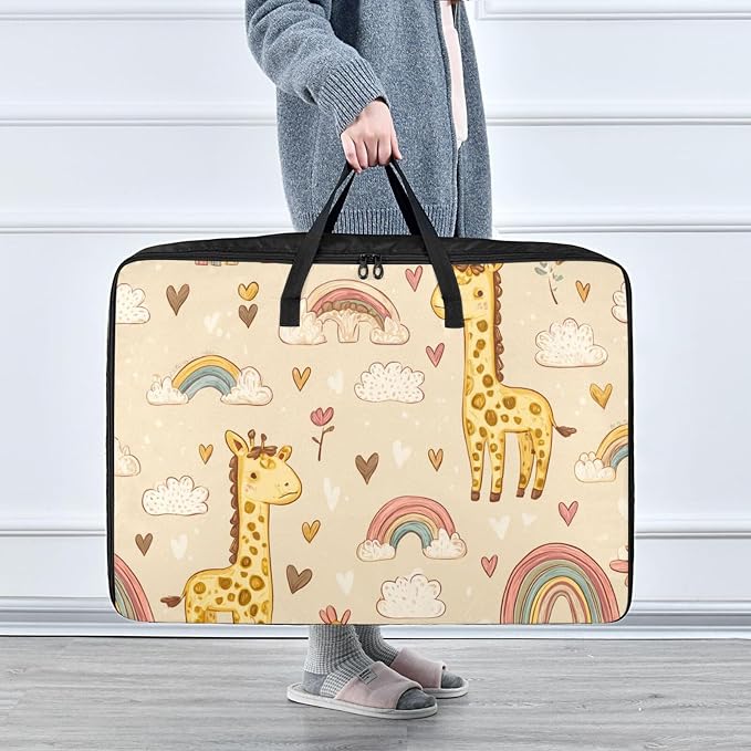 Comforter Storage Bags Large Folding Blanket Organizer Bag with Strong Handles Clear Window Closet Storage Containers for Clothes King Queen Pillows Bedding Quilt Duvet Cute Giraffes Rainbows C