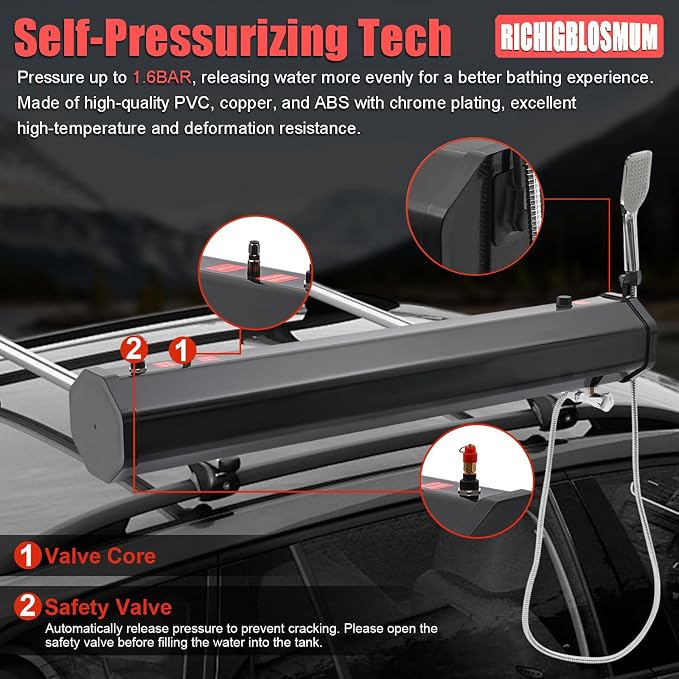 4.8-7.9Gal Portable Roof Rack Water Tank – Sun-Powered Pressurized Shower for Overlanding, Pet Washing, Gear Cleaning & Vehicle Water Storage – Includes 5.58ft Hose & Carry Bag,7.9Gal/30L