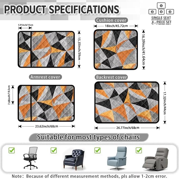 Abstract Geometric Recliner Chair Covers 4 Piece Washable | Modern Quilted Recliner Protectors with Pockets Non Slip Armchair Arm Covers Fit for Leather Seat Home Office,Stain Resistant