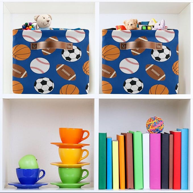 DOMIKING Rectangular Storage Bin Football Baseball Sports Print Storage Baskets with Handles Toy Bins Shelf Basket for Nursery Room Kids Pets Toy Closet