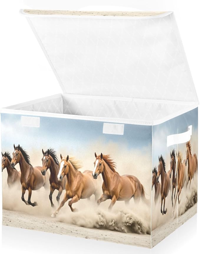 Running Horses Storage Bins with Lids Large Collapsible Storage Basket with Handles Cute Horse Foldable Fabric Storage Box Organizer for Clothes Closet Cabinet Home Office Bedroom